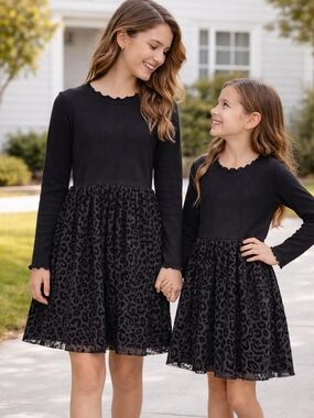 Girls' Black Long-Sleeve Velvet Skirt Dress